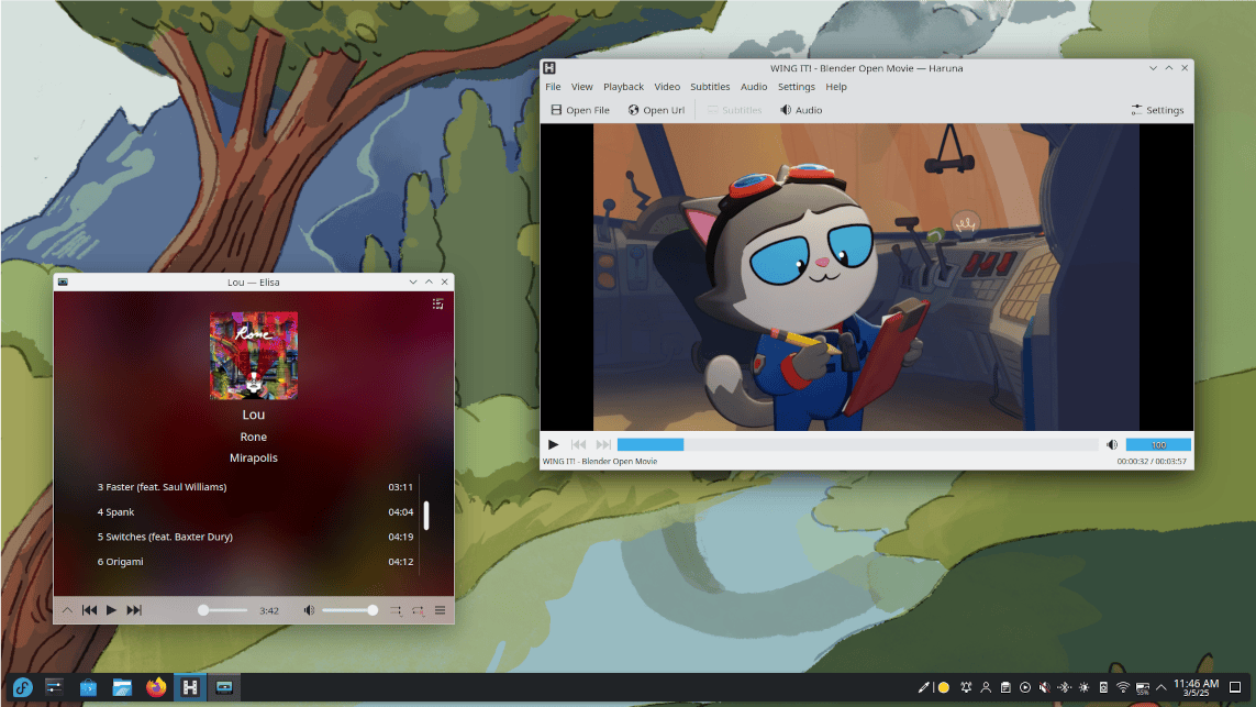A screenshot from the KDE desktop that comes with Fedora KDE. It's a similar layout to Windows but with floating panels and a cleaner interface.