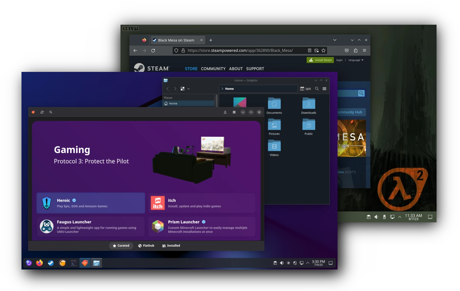 Screenshots of Bazzite Linux. It's KDE again, with a darker design and more gaming software included.