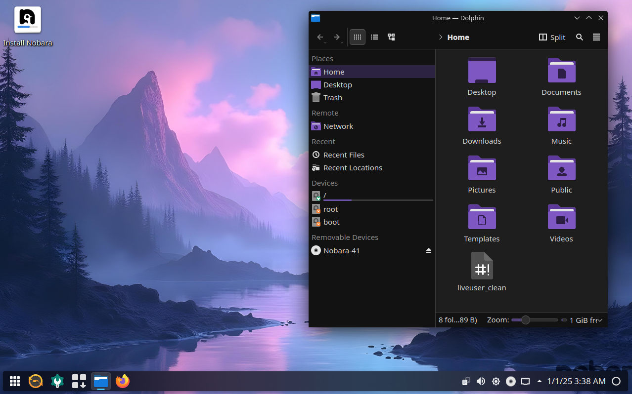 An image of Nobara's desktop. It's also KDE with a custom theme.