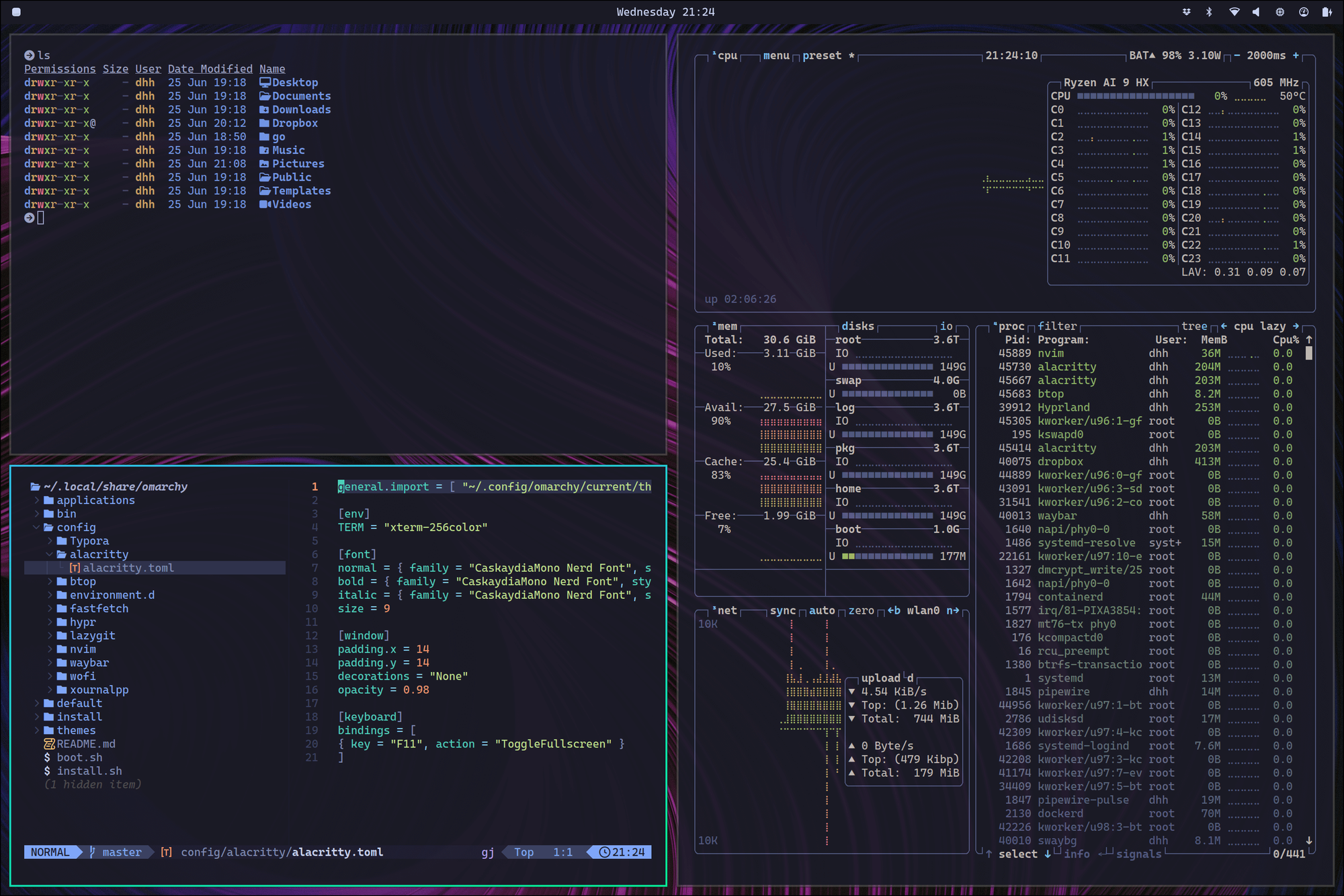 A very different computer environment. All windows are tiling on screen and are translucent. You can move around with your keyboard and see many parts of the system, all through the terminal.