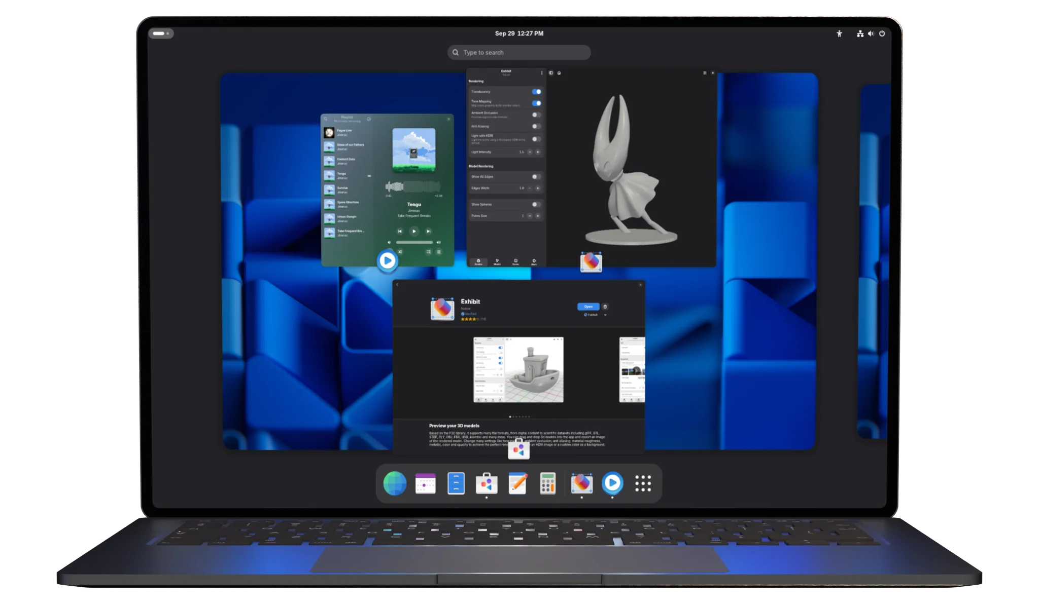 A laptop showing a minimalist desktop environment, with floating windows and multiple workspaces.