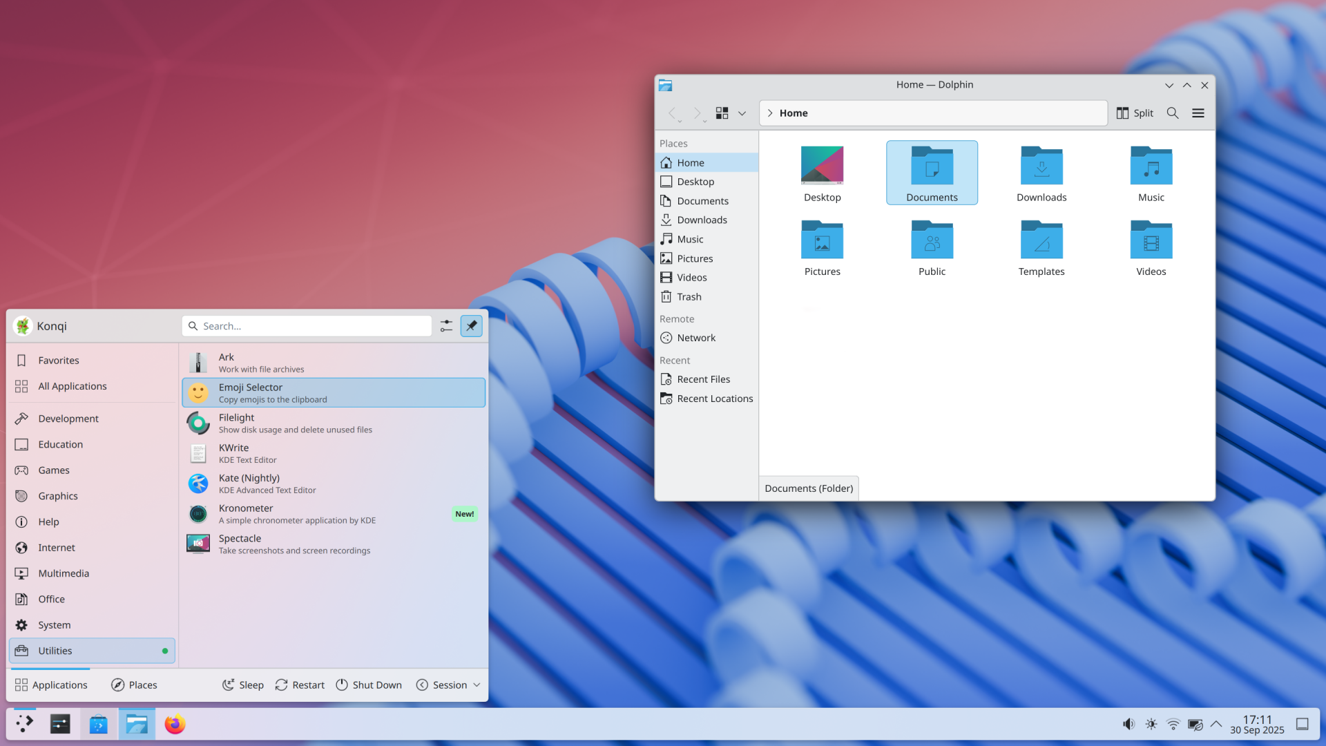 A windows-like interface for Linux, with white panels. Showing a taskbar, a start menu and a file explorer.