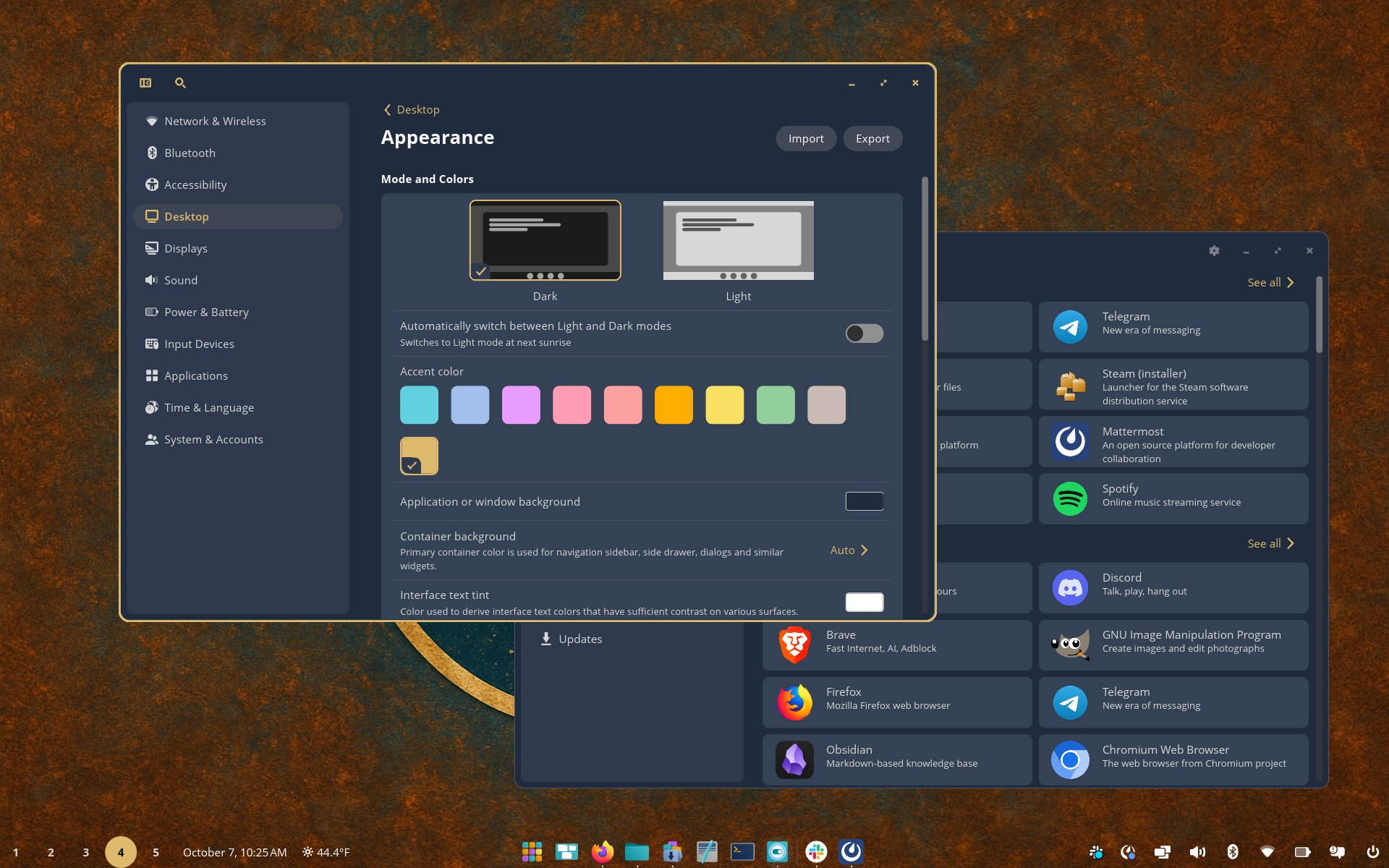 A very customizable desktop with floating pannels, a transparent taskbar, and floating windows.