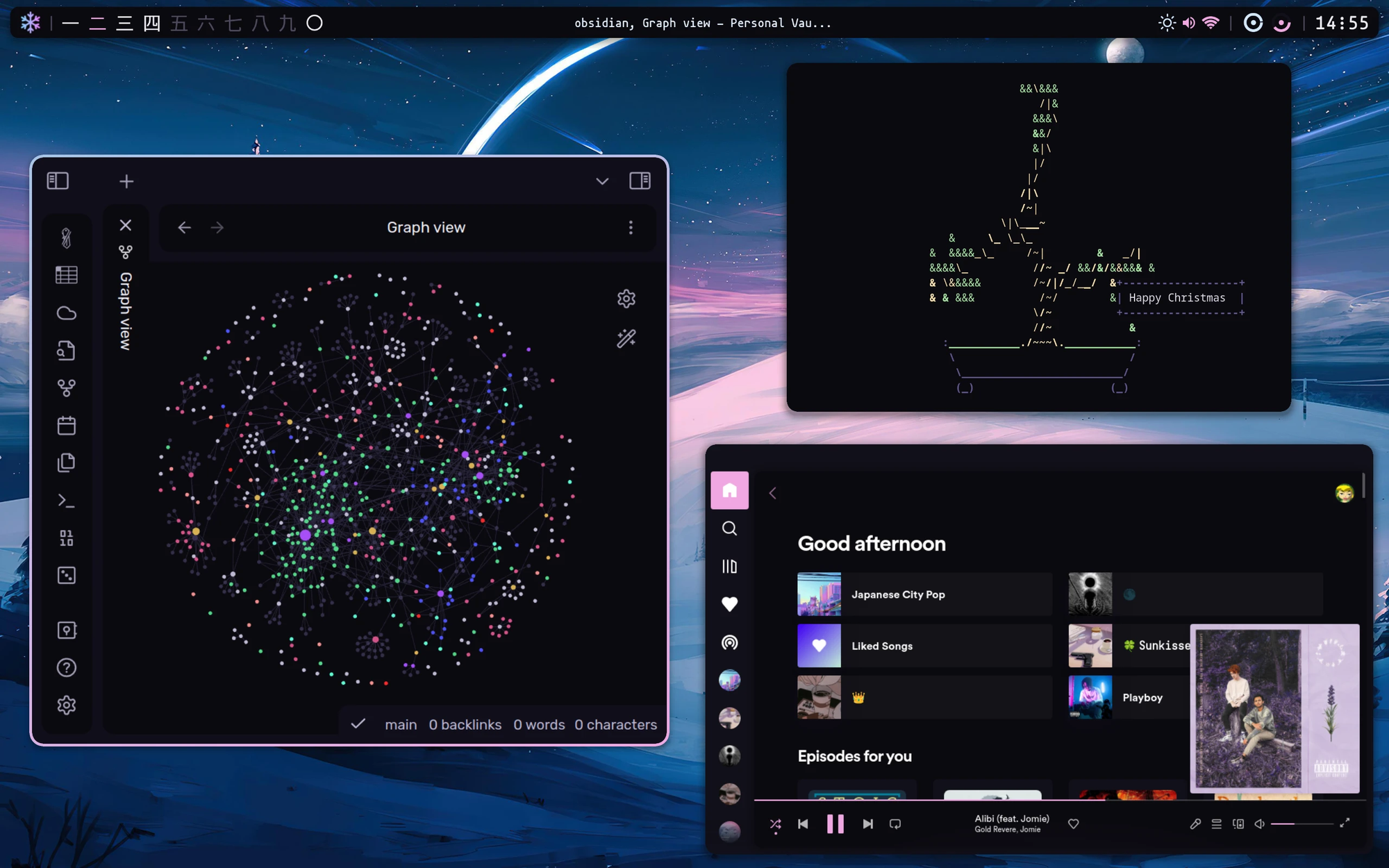 A desktop with a space background, multiple windows open and a minimalist interface.