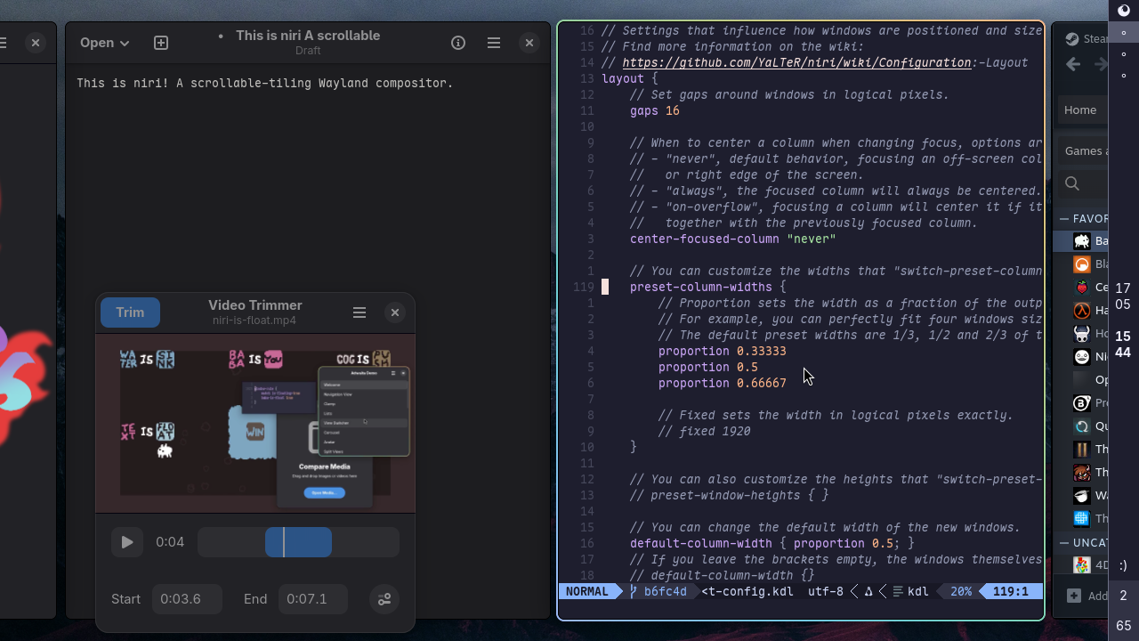 A window environment where all windows tile and you can scroll to the side. The taskbar is also to one side, vertically oriented on the right.